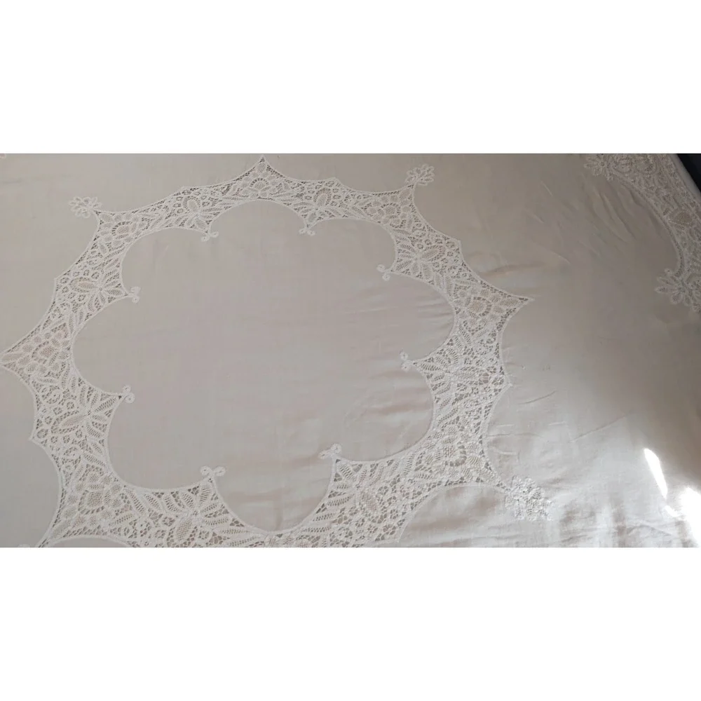 Vintage Irish Battenberg Lace Tablecloth and Six Napkins Set Cotton 56x59 Inches